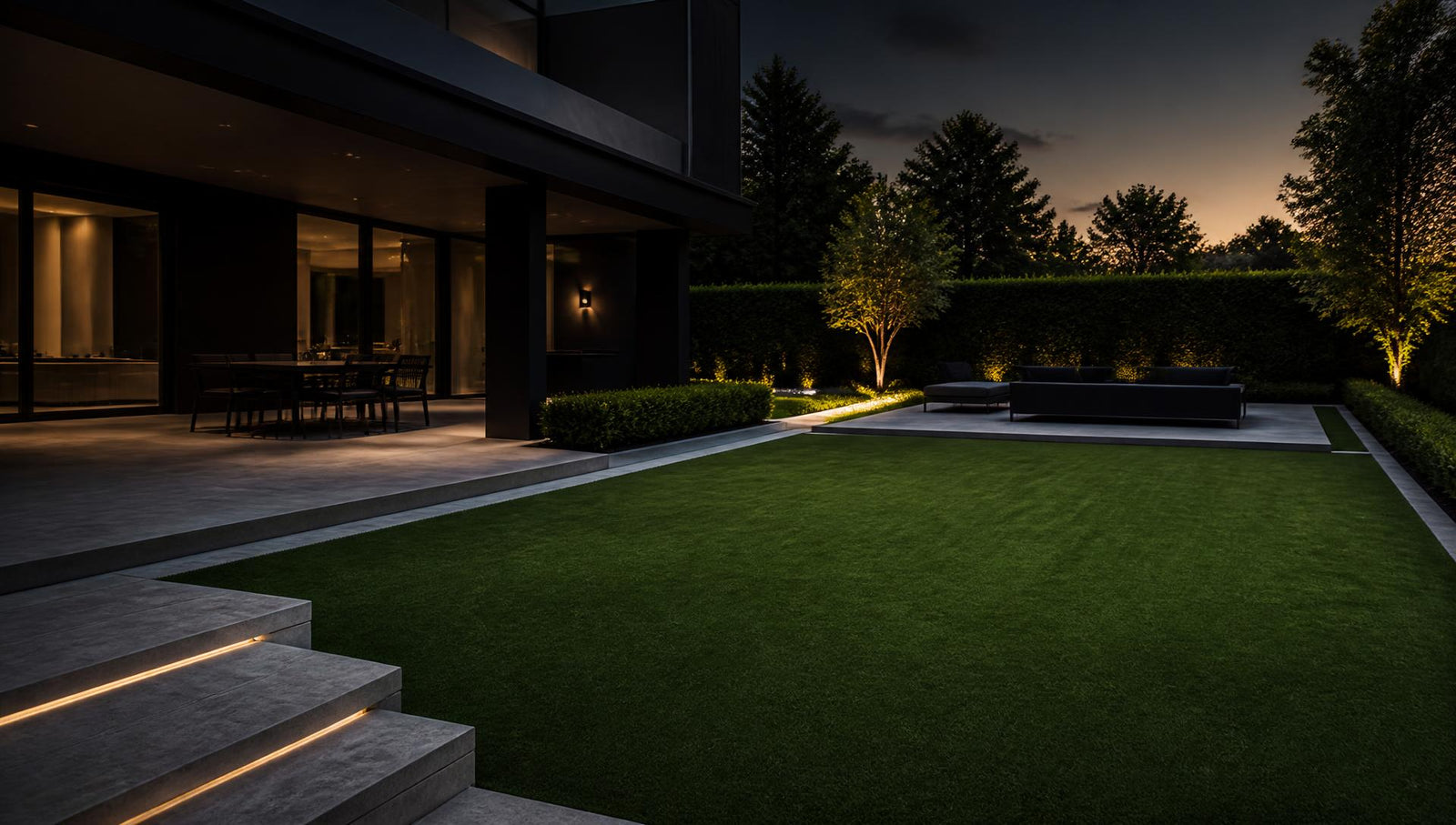 Villatuin met verlicht gazon